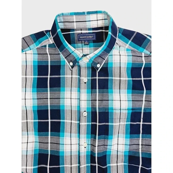 Mason James Size Large Men's White Aqua Gray Blue Check Button Down Pocket Shirt - Picture 5 of 10